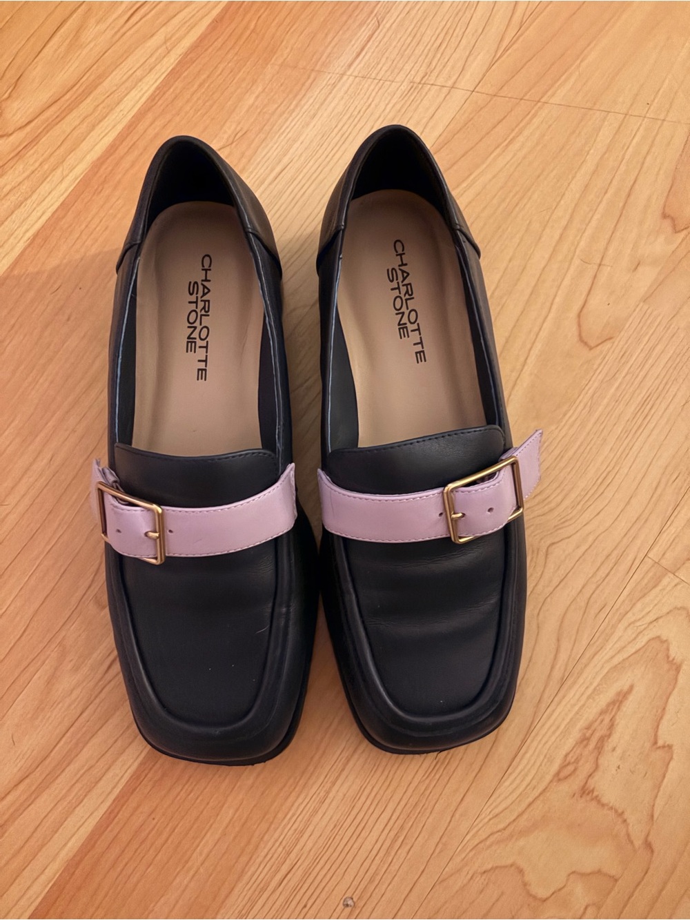 Charlotte Stone Marcel Loafers - Black with Light Pink Buckle Strap